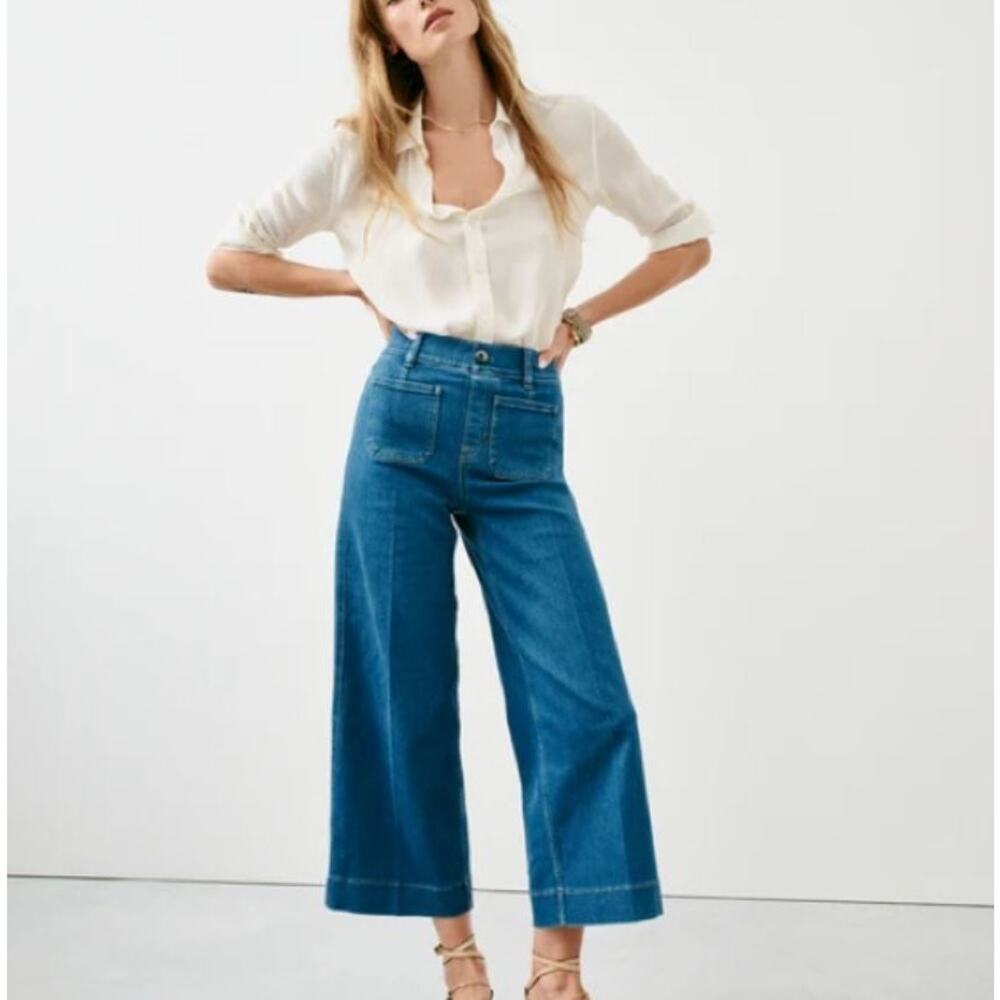 Spanx‎ Women's M Blue Cropped Wide Leg Pull-on Jeans Hi-rise Patch Pocket